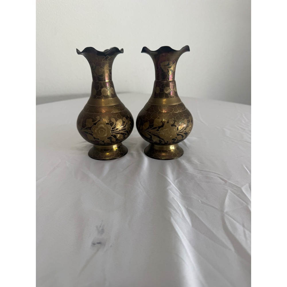 Vintage Etched Brass Bud Vase Set of 2 Floral Iridescent Patina 7 Inch